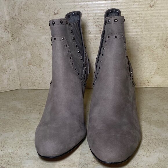 Gray Suede Studded High Heel Ankle Boots With Elastic‎ Gore Detail - Picture 2 of 10